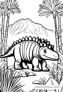 Colorful illustration of a mother Ankylosaurus and its infant in a lush prehistoric forest.