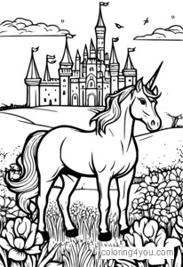 Unicorn ყვავილების მინდორში Camelot Castle-თან ახლოს