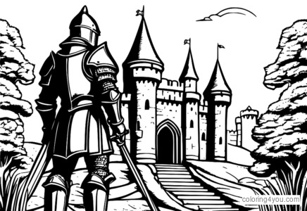 Dibujo para colorear de un valiente caballero haciendo guardia frente a la puerta de un castillo.