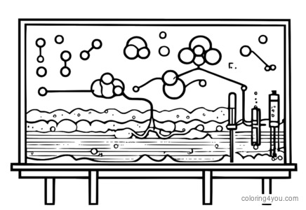 Tafel mit einer darauf geschriebenen Chemiegleichung, umgeben von Atomen und Molekülen