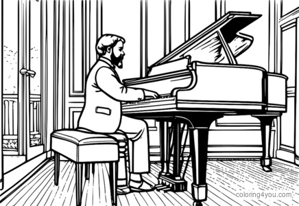 Debussy sentado al piano tocando una pieza impresionista