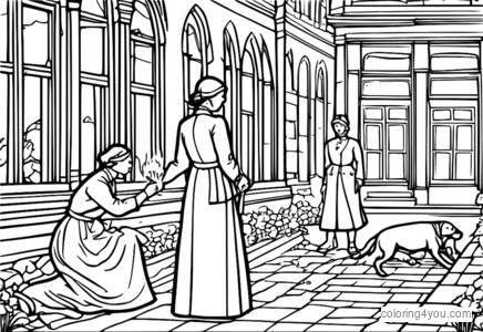 Florence Nightingale saving a wounded soldier from a fire coloring page