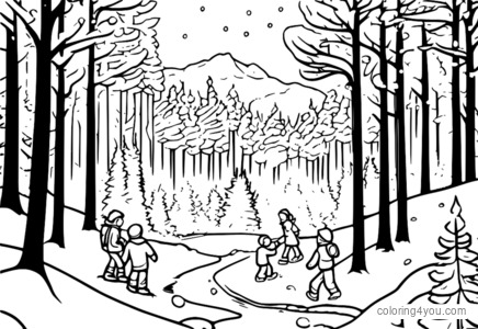 Friends playing in the snow coloring page