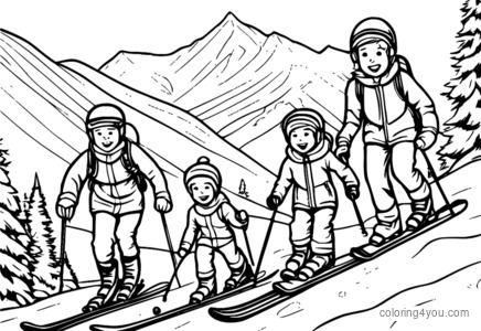 Groep kinderen skiën van een besneeuwde berg