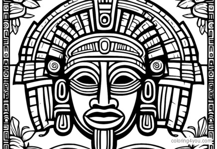 Mayan Mask dažymo puslapiai vaikams su sudėtingomis detalėmis