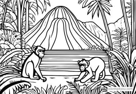 Singe et léopard jouant ensemble dans la forêt tropicale au feuillage dense et au soleil tropical