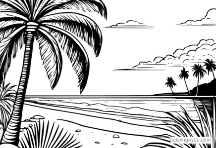 Relaxing summer beach coloring page with palm tree.