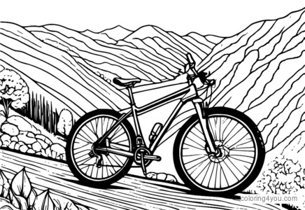 Coloring page of a bicycle on a hilly trail with a steep downhill