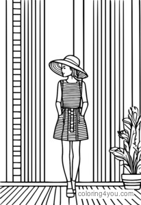 Colorful fashion coloring page with stripes, polka dots, and bright colors