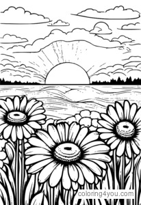 Illustration de jardin de marguerites au coucher du soleil à colorier pour les enfants