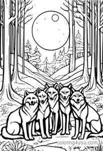 The Eight Immortals standing under the moon with wolves