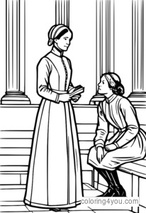 Desenho de Florence Nightingale verificando os olhos de soldados feridos para colorir