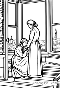 Florence Nightingale saving a wounded soldier from a fire coloring page