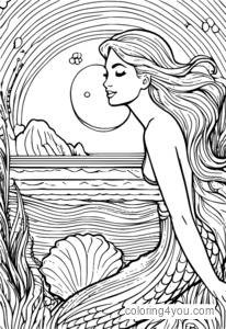 Mermaid holding a shell in the ocean coloring page