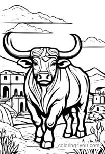 Ang Bull ng Minotaur sa gitna ng mga sasakyan sa isang nayon ng Greece.