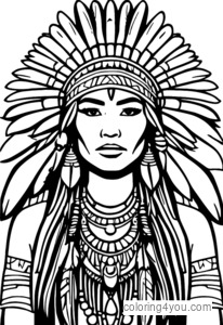 Ilustrasyon na nagtatampok ng babaeng Katutubong Amerikano na nakasuot ng tradisyonal na regalia, kabilang ang isang headdress na may mga balahibo