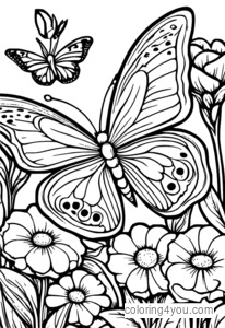 Coloriages Scène de jardin printanier avec papillon