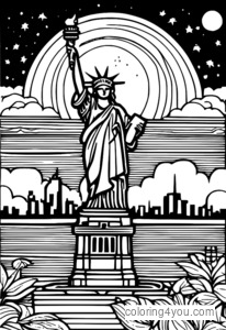 Coloring page of the Statue of Liberty under the moonlight in New York City