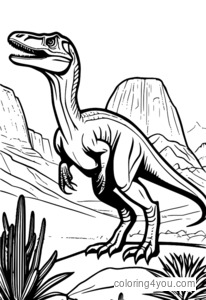 A velociraptor siji mburu ing ara-ara samun karo bukit rocky lan kaktus