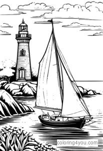 Eine bezaubernde Illustration eines Vintage-Segelboots, das sich einem alten Leuchtturm nähert