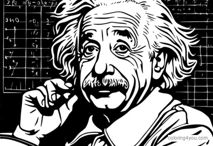 Albert Einstein coloring page with chalkboard background