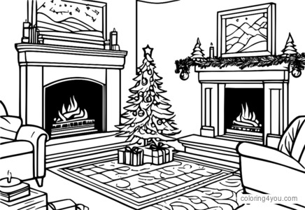 Christmas stockings and reindeer by the fireplace coloring page