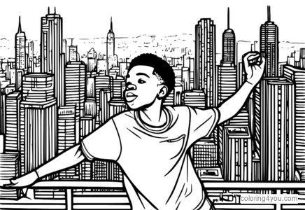 Confident boy dancer with city skyline