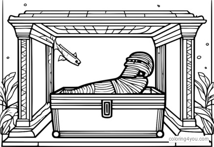 Un dessin coloré d'une momie dans un coffre au trésor à l'intérieur d'un sarcophage, style égyptien ancien