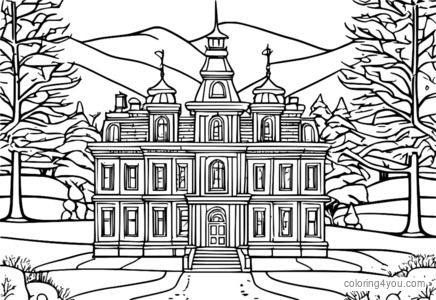 Snowman with a top hat and cloak, standing in front of a snowy palace.