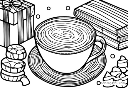 Gift hot chocolate coloring page with marshmallows