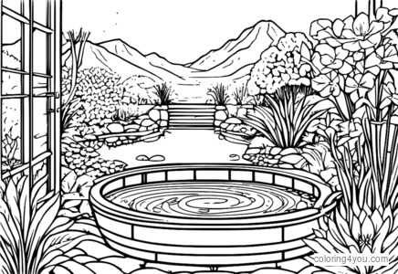 Coloring page of hot spring in garden