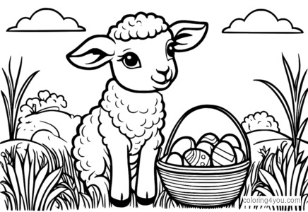 Lamb coloring page with Easter eggs and a basket.