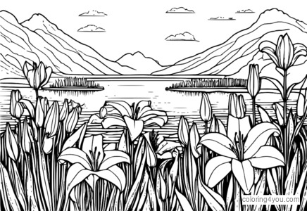 Dibujo para colorear de Lily Garden con lirios en flor