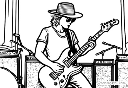 Eine farbenfrohe Illustration einer Rockband, die auf einer Festivalbühne auftritt