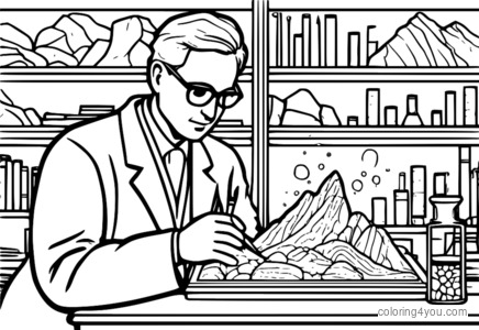 kleurplaat van een wetenschapper in een laboratoriumjas die een geologisch experiment uitvoert