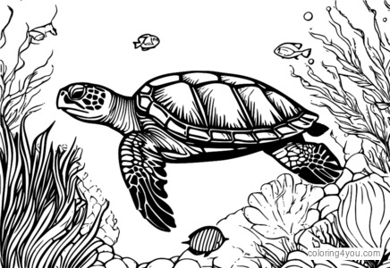 Coloring page of a sea turtle swimming near a colorful shell