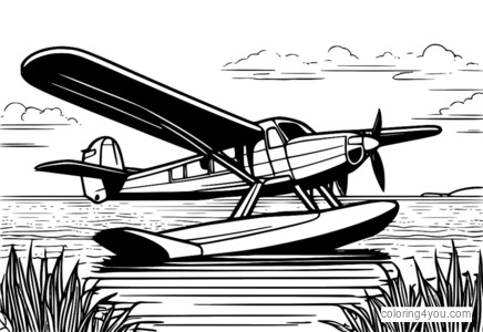 Dibujo para colorear de un hidroavión aterrizando en un lago.