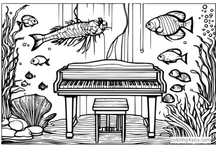 Ilustración de un camarón tocando un piano submarino rodeado de peces y otras criaturas marinas.