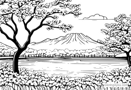 Coloring page of a cherry blossom tree in spring with pink flowers