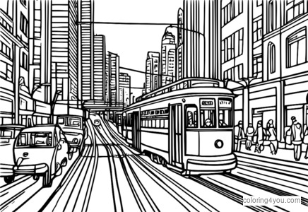 Coloring page of a busy trolley car driving through a city