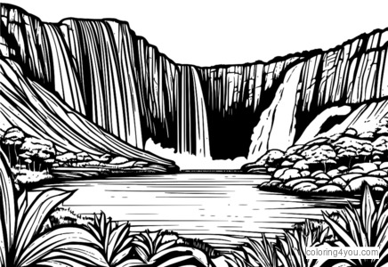 Coloring page of Tugela Falls, surrounded by lush vegetation and crystal-clear waters