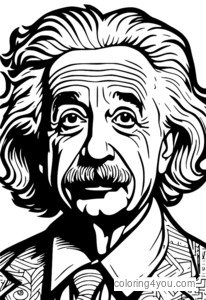 Página para colorir de Albert Einstein com fundo de quadro-negro