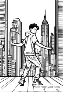 Confident boy dancer with city skyline