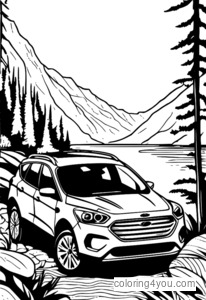 Ilustrācija ar Ford Escape, kas novietots pie rāma ezera kalnos, ko ieskauj sulīgs zaļums