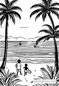 Kids on Beach Coloring Page