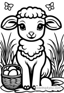 Lamb coloring page with Easter eggs and a basket.