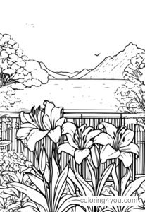 Dibujo para colorear de Lily Garden con lirios en flor