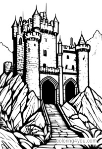 Dibujo para colorear de un castillo en ruinas en las Tierras Altas de Escocia