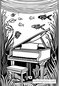 Ilustración de un camarón tocando un piano submarino rodeado de peces y otras criaturas marinas.