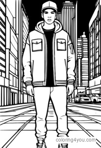 Streetwear coloring page with a monochromatic color scheme and graphic prints